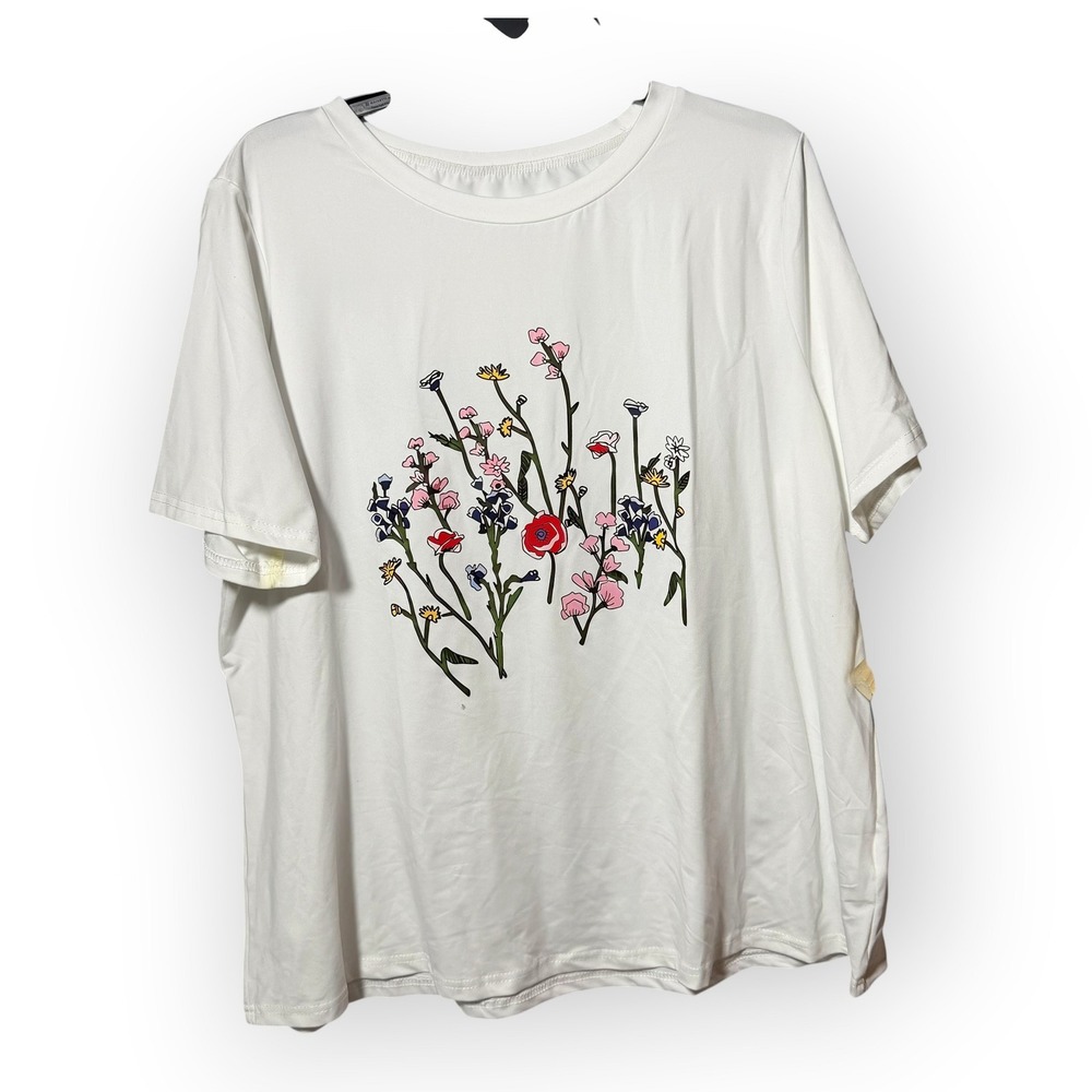 SHEIN Curve Womens 1XL White Floral Graphic T-Shirt Short Sleeve‎ Crew Neck Tee